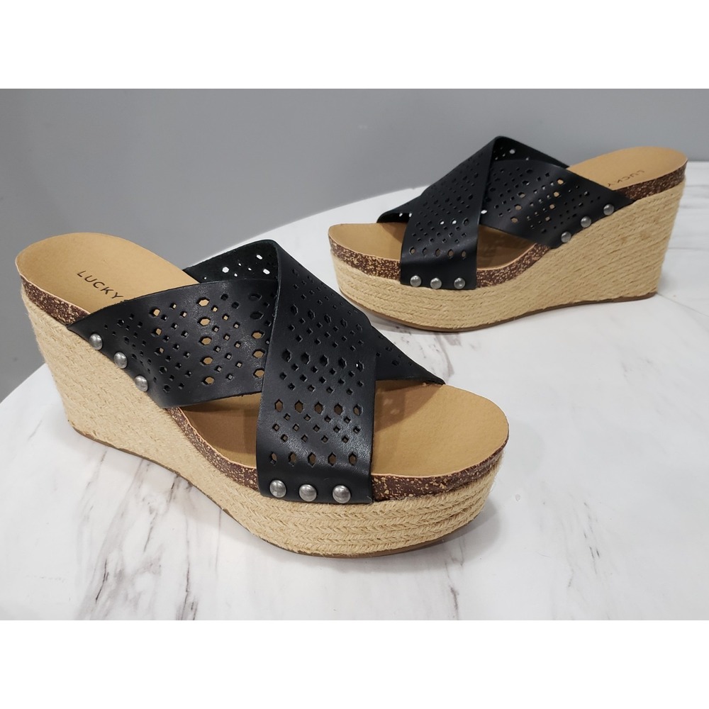 NEW NO BOX Lucky Brand Neeka Black Leather Platform Espadrille Sandals Size 9.5